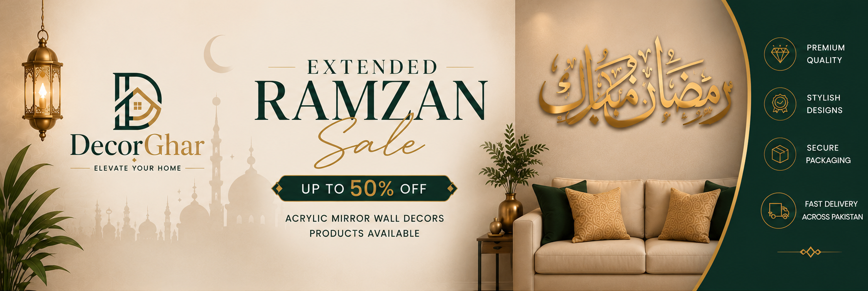 DecorGhar Ramzan sale banner with furniture and decorative items.